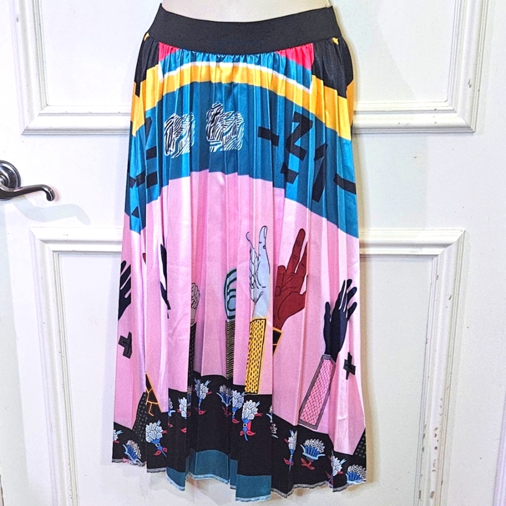 MNOGCC United! Pink/Blue Multi-Color Print Retro Pleated A-Line Skirt, X-Large - Picture 9 of 13